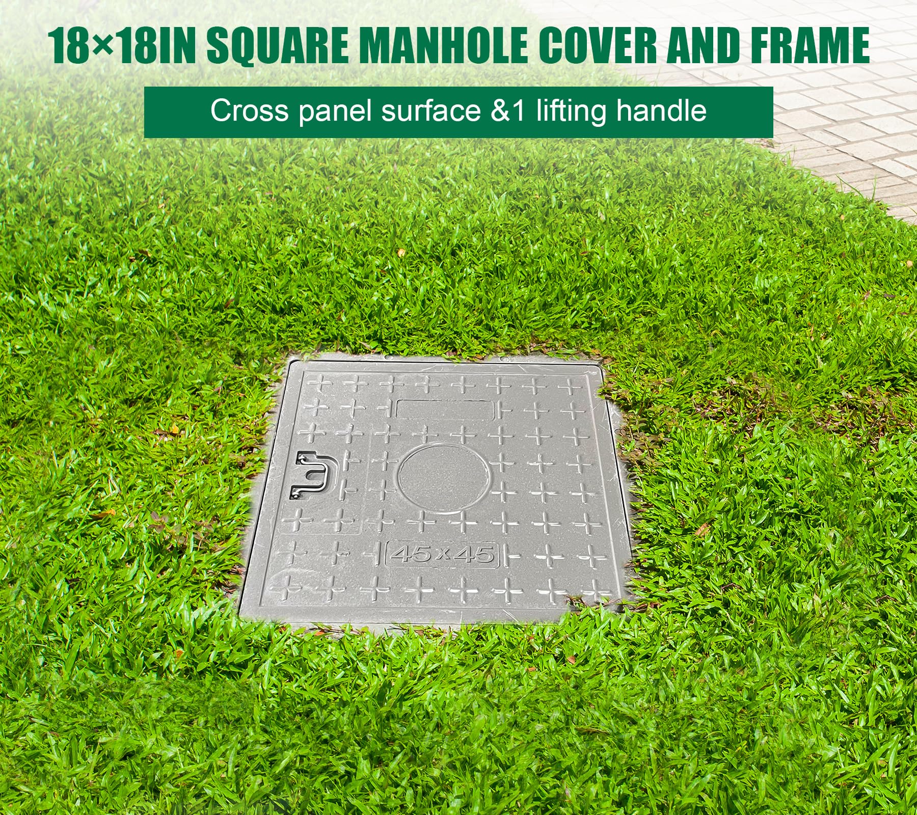 18x18in Fiberglass Manhole Cover & Frame - 14x14in Clear Opening, 16x16in Solid Top Cover - Reinforced Steel Septic Tank Lid with Handle - Durable Sewer Cover for Underground Utility Access & Drainage Systems