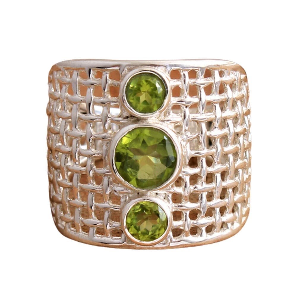 Peridot 925 Sterling Silver Rings for Women - Green Gemstone Bridesmaid Jewelry, Round 3-Stone Bezel Set Handmade Rings | Perfect for Weddings, Parties & Everyday Elegance