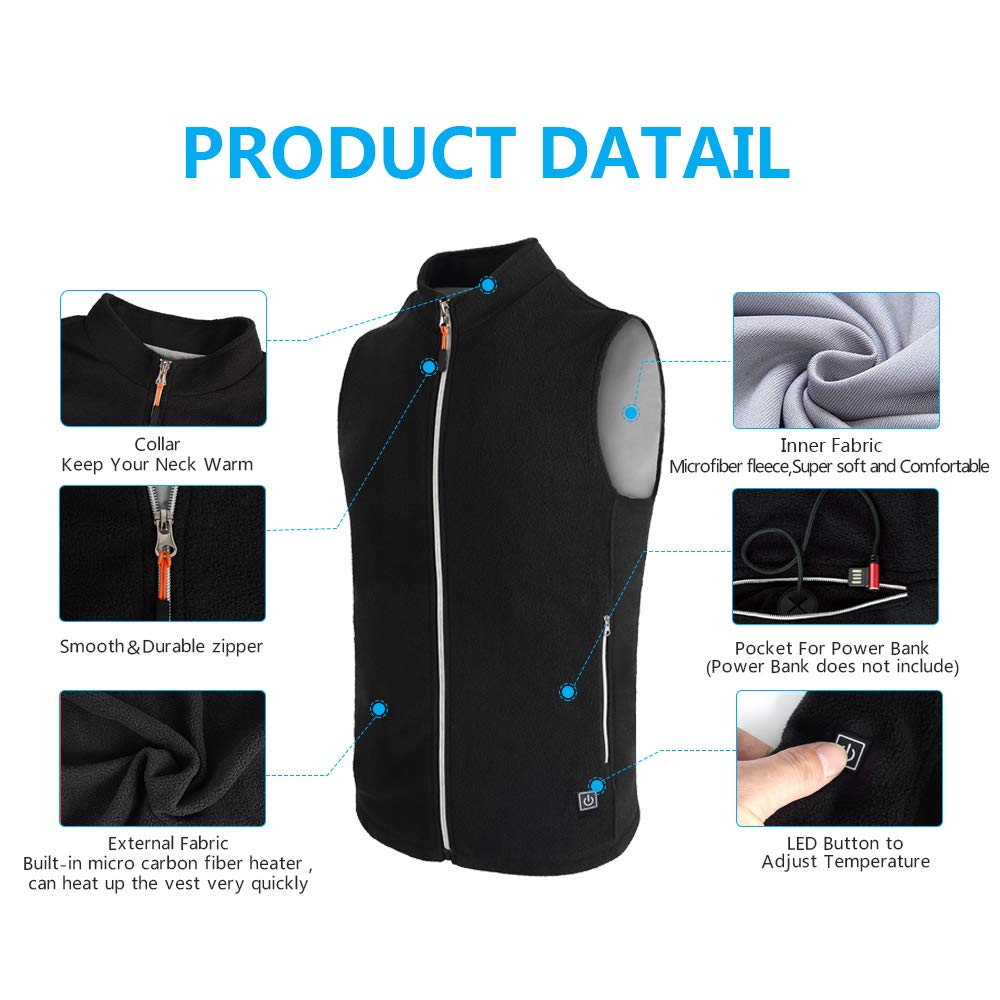 USB Heated Vest for Men & Women - Rechargeable Electric Heating Jacket with Washable Design (Battery Not Included) - Black XXXL - Perfect for Winter Outdoor Activities, Camping, Hiking & Cold Weather Work