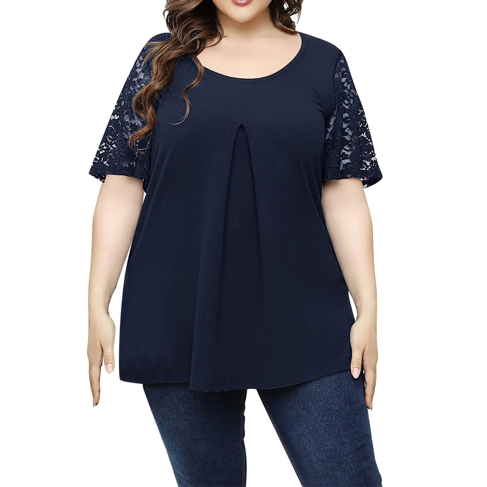 Plus Size Women's Lace Stitched Short Sleeve Tunic Top - Flattering Fitted Blouse for Casual Wear with Leggings | Comfortable & Stylish Everyday Outfit