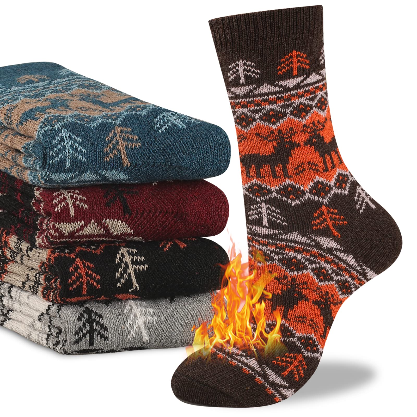 Heatuff Men's Thick Wool Socks - Thermal Winter Crew Socks (5 Pairs, Multicolor) for Hiking, Skiing & Cold Weather Outdoor Activities