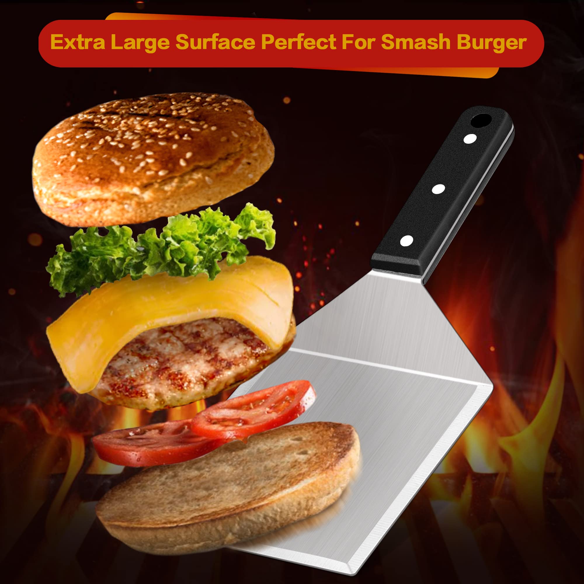 **Leonyo Heavy Duty Stainless Steel Burger Spatula - Triple Rivet BBQ Turner for Grilling, Flipping Burgers & Pancakes - Dishwasher Safe Metal Griddle Spatula for Outdoor Cooking & Kitchen Use**