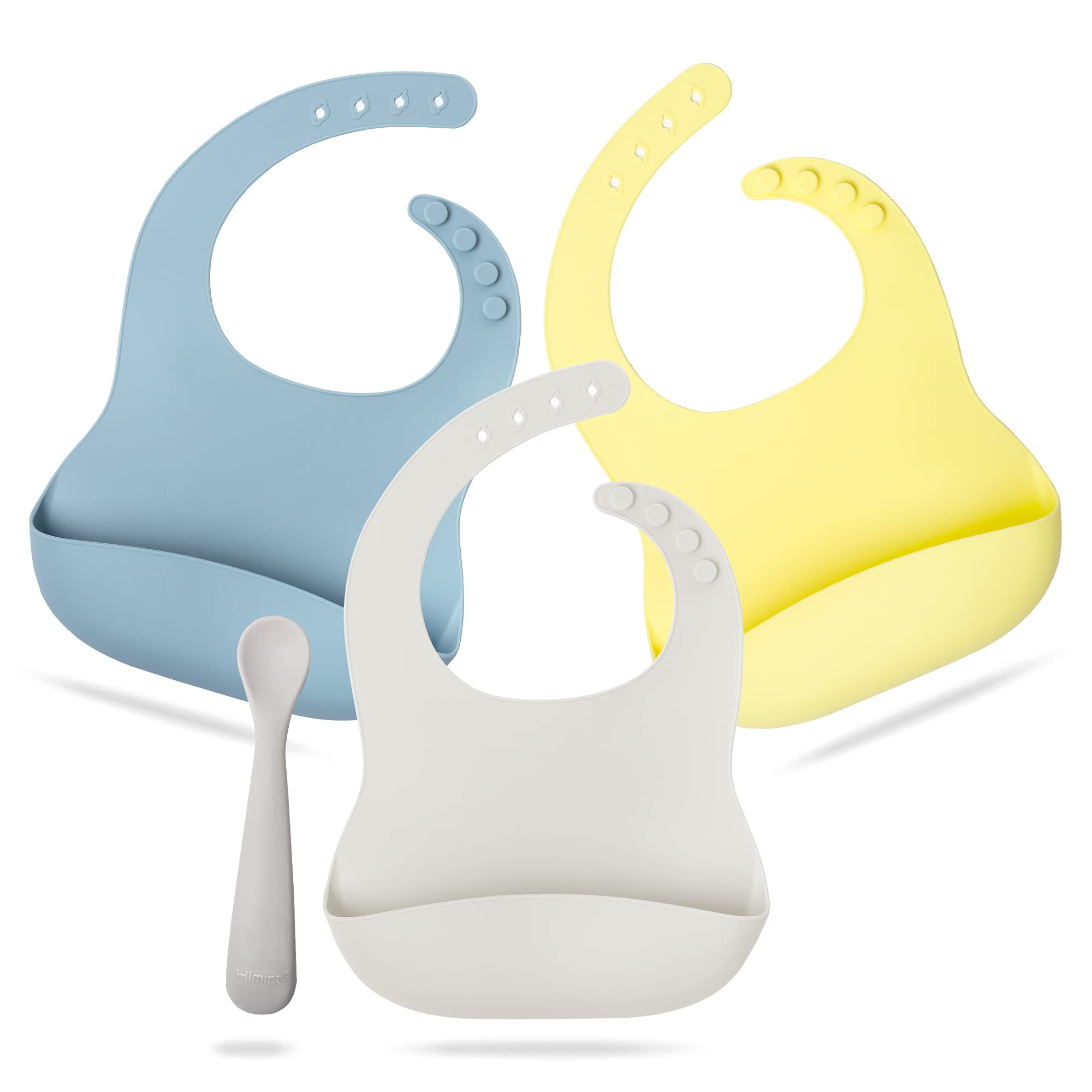 Himirt Soft Adjustable Waterproof Silicone Baby Bibs & Spoon Set - 3 Pack (Yellow, Blue, Beige) for Mess-Free Feeding, Toddler Mealtime Essentials, Durable & Easy Clean for Home & Travel