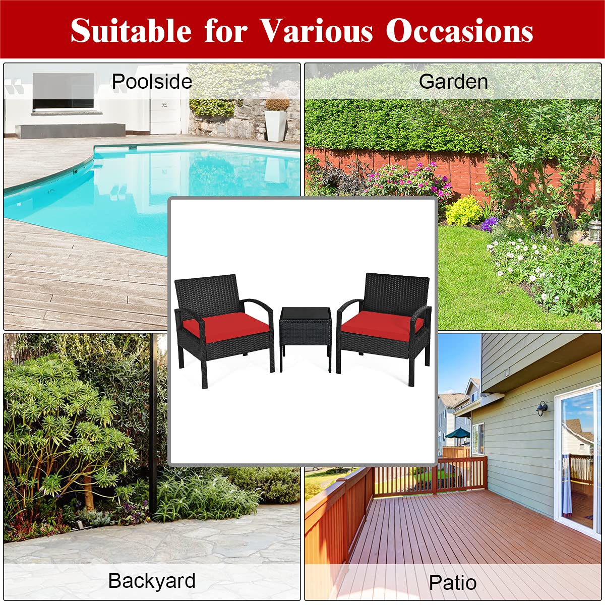 Tangkula 3-Piece Outdoor Patio Conversation Set - Wicker Rattan Sofa with Cushions & Coffee Table - Garden, Balcony, Backyard, Poolside Furniture (Red) - Perfect for Relaxing, Entertaining & Outdoor Lounging