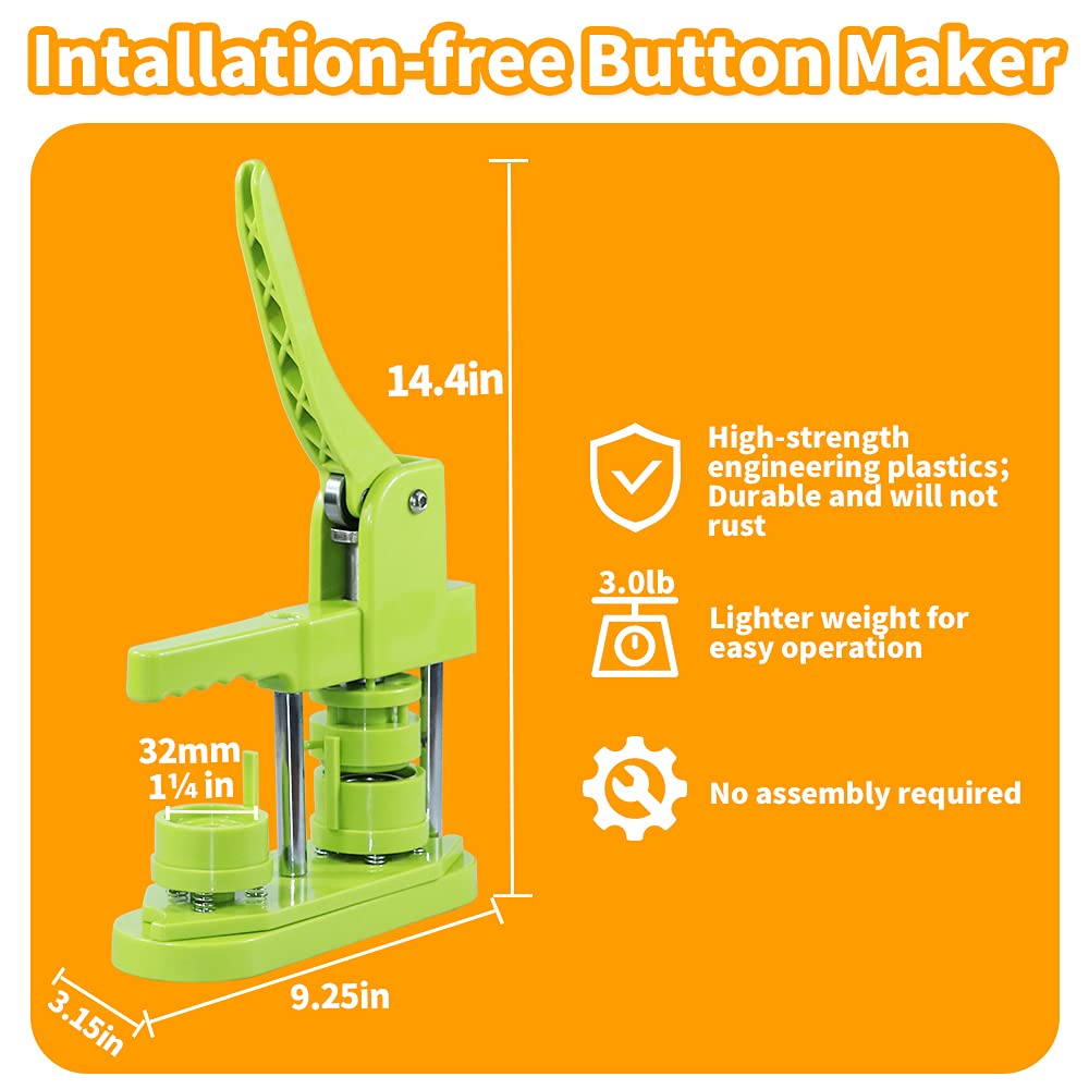 32mm (1.25 inch) DIY Button Maker Machine - No Installation Required Pin Badge Press with 500pcs Button Parts, 100pcs Pictures & Adjustable Circle Cutter (Green) - Perfect for Custom Pins, DIY Gifts, School Projects & Craft Fairs