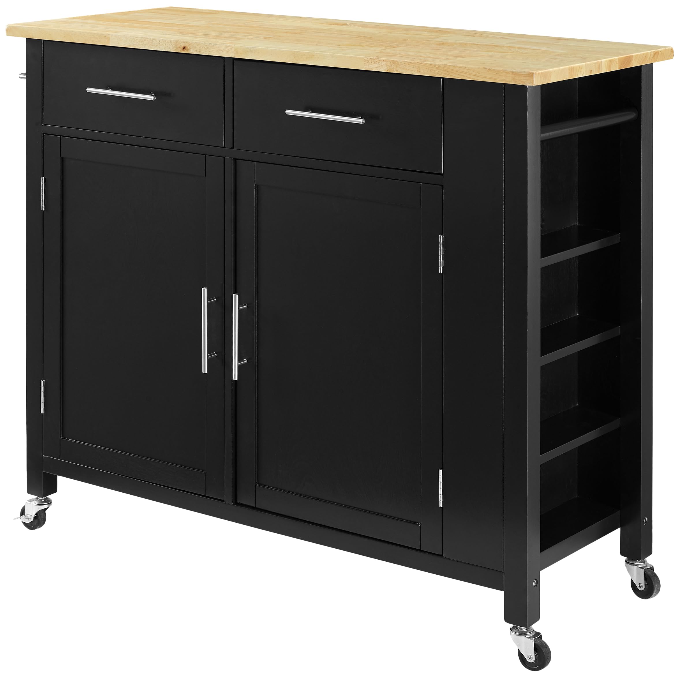 Crosley Savannah Wood Top Rolling Kitchen Island Cart with Shelves & Drawers - Black | Microwave Stand & Storage Solution for Small Kitchens, Apartments & Dining Areas