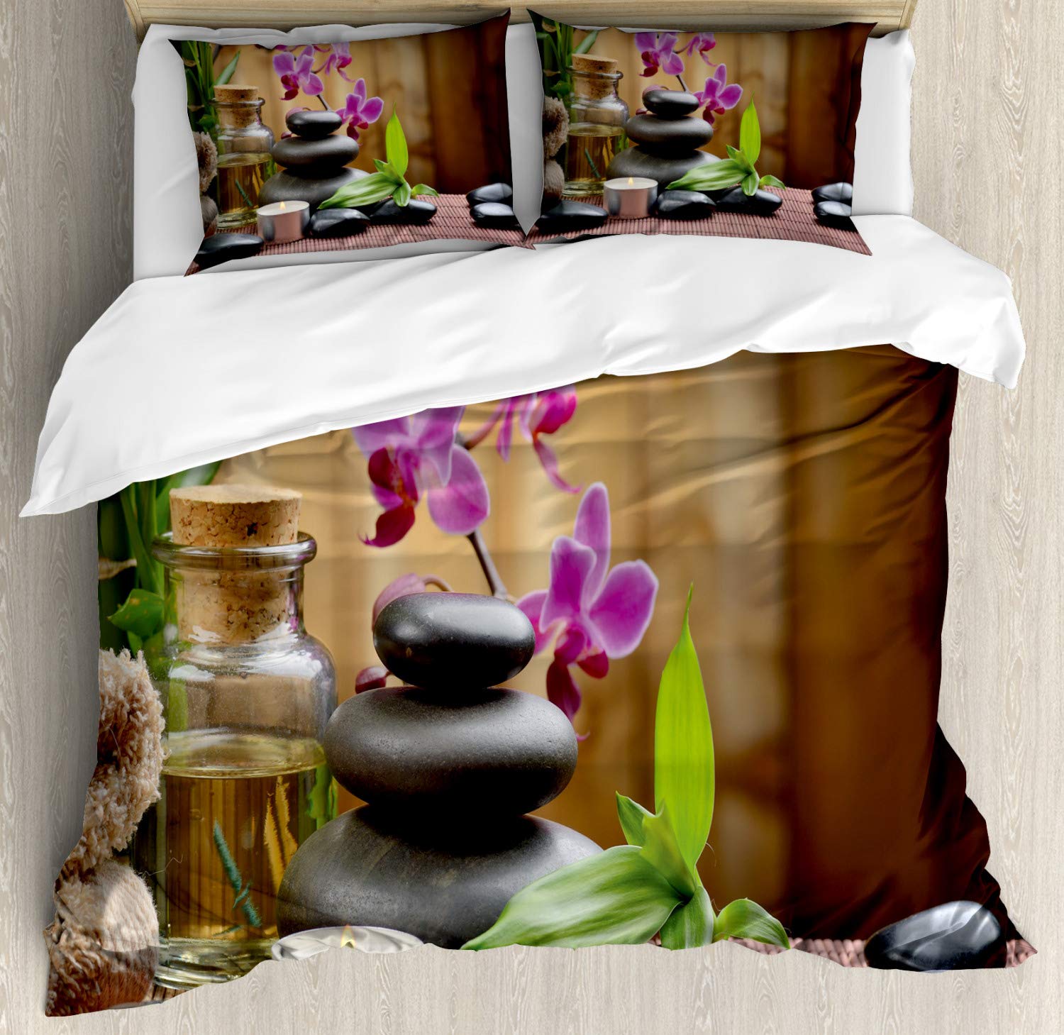 Ambesonne Spa Duvet Cover Set 3-Piece - Warm Welcoming Spa Design with Healing Stones, Candles & Floral Print - California King Size Bedding Set with 2 Pillow Shams in Purple, Black & Green - Perfect for Relaxing Bedroom Retreat & Spa-Themed Home Decor