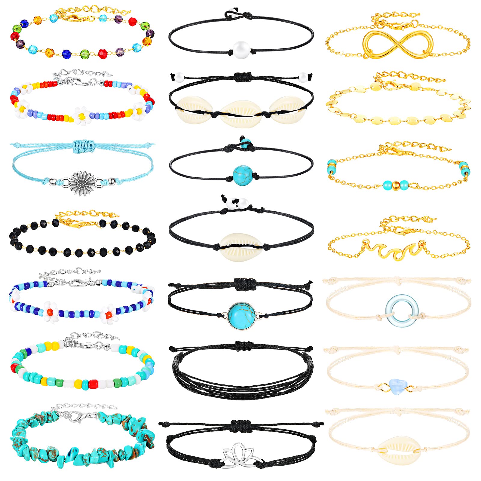 Hicarer 21-Piece Surfer Wave Bracelet Set - Adjustable Waterproof Handmade Ocean Wave Friendship Bracelet & Anklet Jewelry for Women - Perfect for Beach Parties, Summer Festivals & Boho Fashion