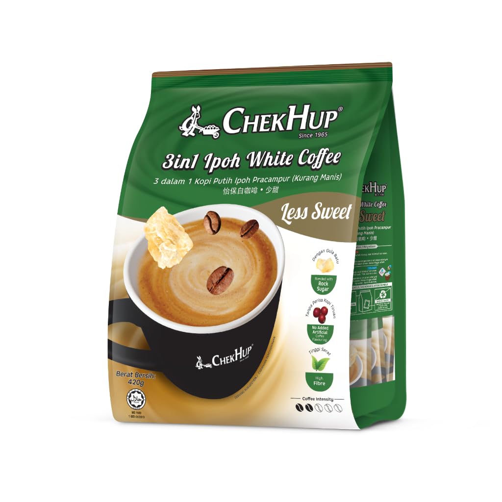 Chek Hup 3-in-1 Ipoh White Coffee Low Sugar - 12 Sachets (8 Pack) - Perfect for Office, Travel & Home Brewing