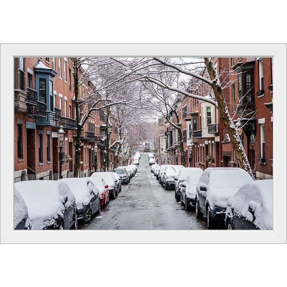 Snow Covered Cars Parked on Street - Premium White Framed Wall Art Print - Vintage Car Photography Decor for Living Room, Office & Bedroom - Winter Scene Home Decor Gift