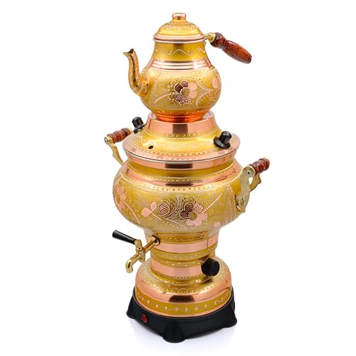 Premium Russian Copper Electric Samovar 5.2L - Traditional Engraved Gold Tea Maker for Home & Office Use - Perfect for Tea Ceremonies, Hospitality & Gifting