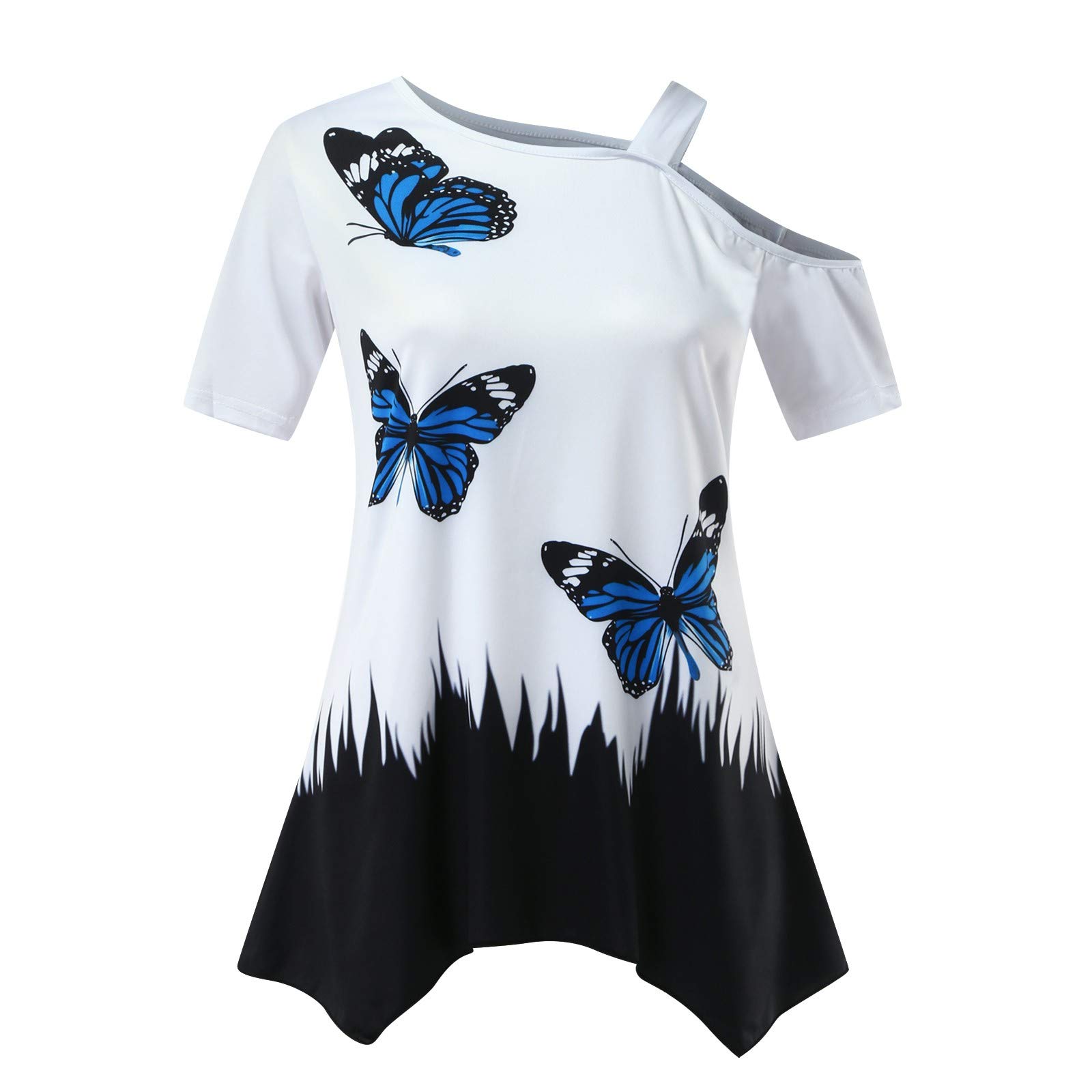 Wocachi Women's White Butterfly Print Off Shoulder Short Sleeve T-Shirt - Plus Size Summer Top for Casual Wear, Beach Outfits & Date Nights