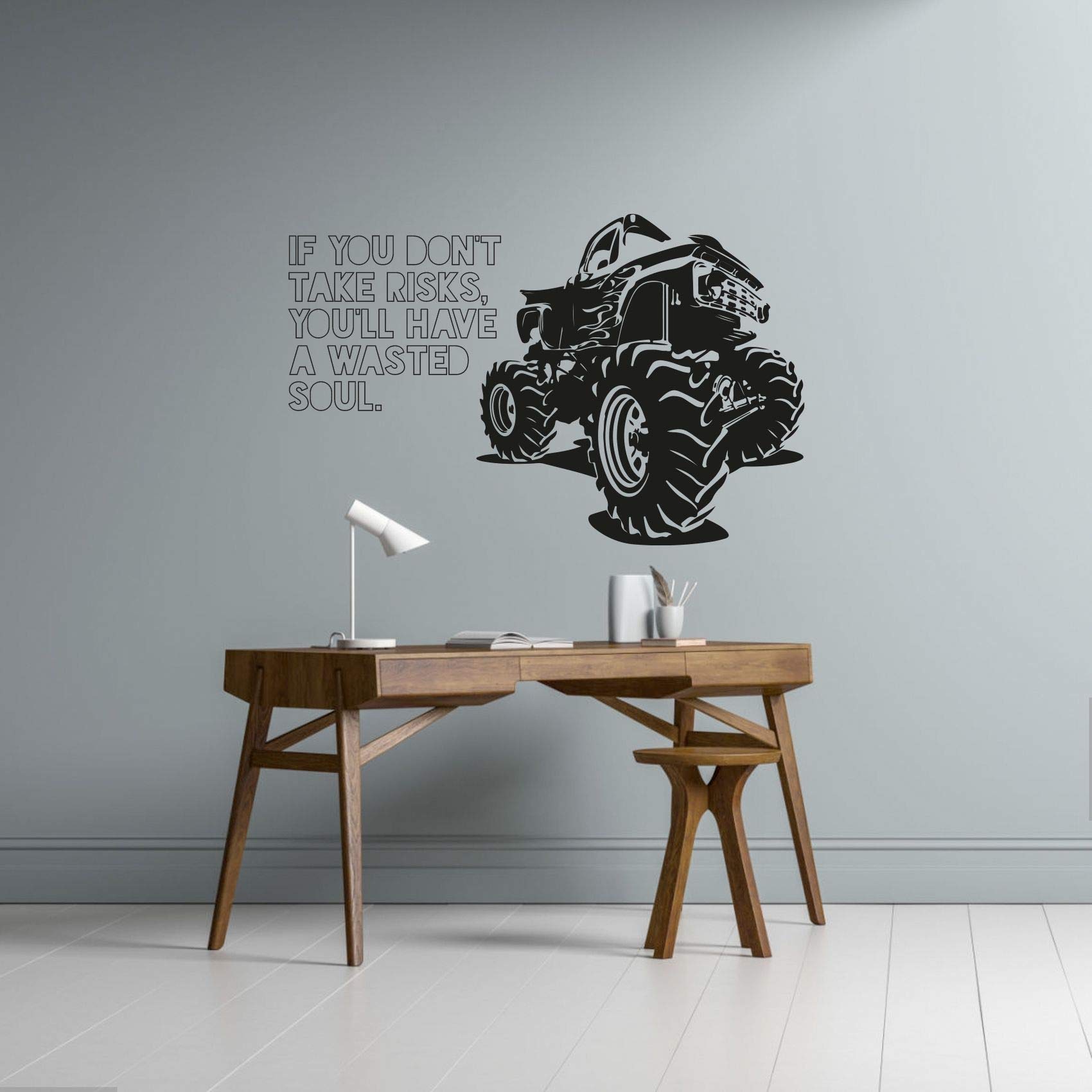 Monster Truck Toy Car Wall Sticker - Motivational Take Risks Quote Vinyl Decal for Kids Room, Bedroom, Nursery & Kindergarten Decor (27x30 inch) - Perfect for Boys & Girls Bedrooms, Playrooms and Classroom Wall Art