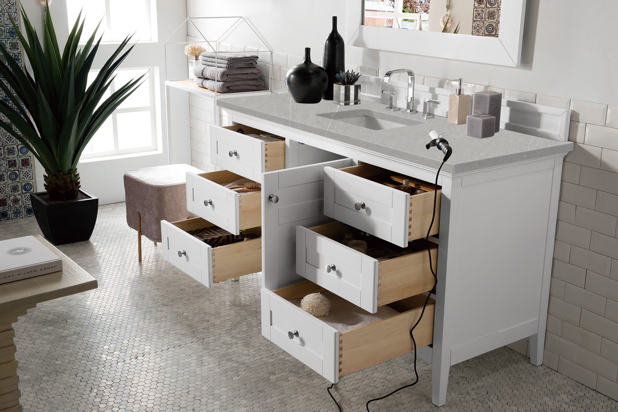 Palisades 60 Inch Single Bathroom Vanity Set with 3CM Eternal Serena Quartz Countertop in Bright White - Perfect for Modern Master Bathrooms and Powder Rooms
