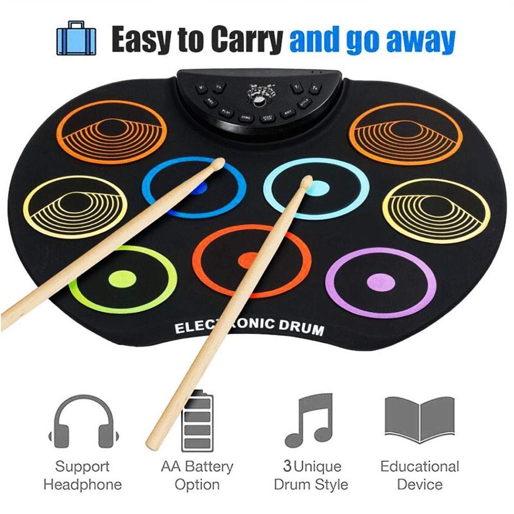 Electronic Roll Up Drum Kit with 9 Drum Pads, Foot Pedal & Drumsticks - Portable Tabletop Electric Drum Set for Practice & Performance | Perfect for Home, Studio & Live Gigs