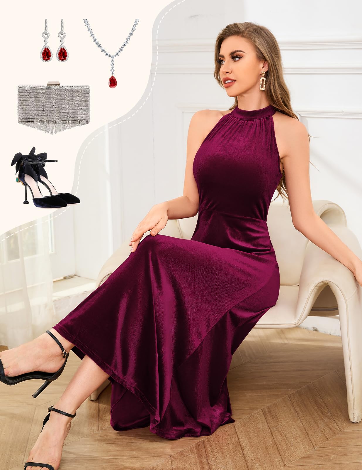 Elegant Velvet Halter Maxi Dress for Women - Formal Wedding Guest, Evening Prom & Bridesmaid Sleeveless Gown | Perfect for Cocktail Parties, Holiday Events & Special Occasions