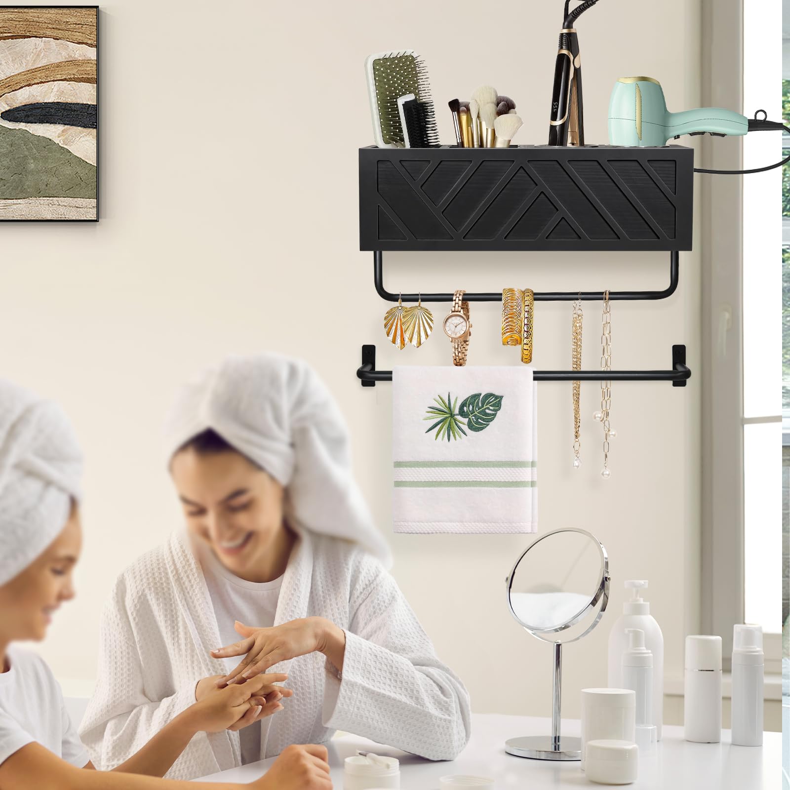 Wall Mount Hair Tool Organizer with 2 Towel Bars - Rustic Wooden Bathroom Organizer for Hair Dryer, Flat Iron, Curling Wand & Brushes - Space Saving Storage Solution for Home Salon & Bathroom Decor (Black)