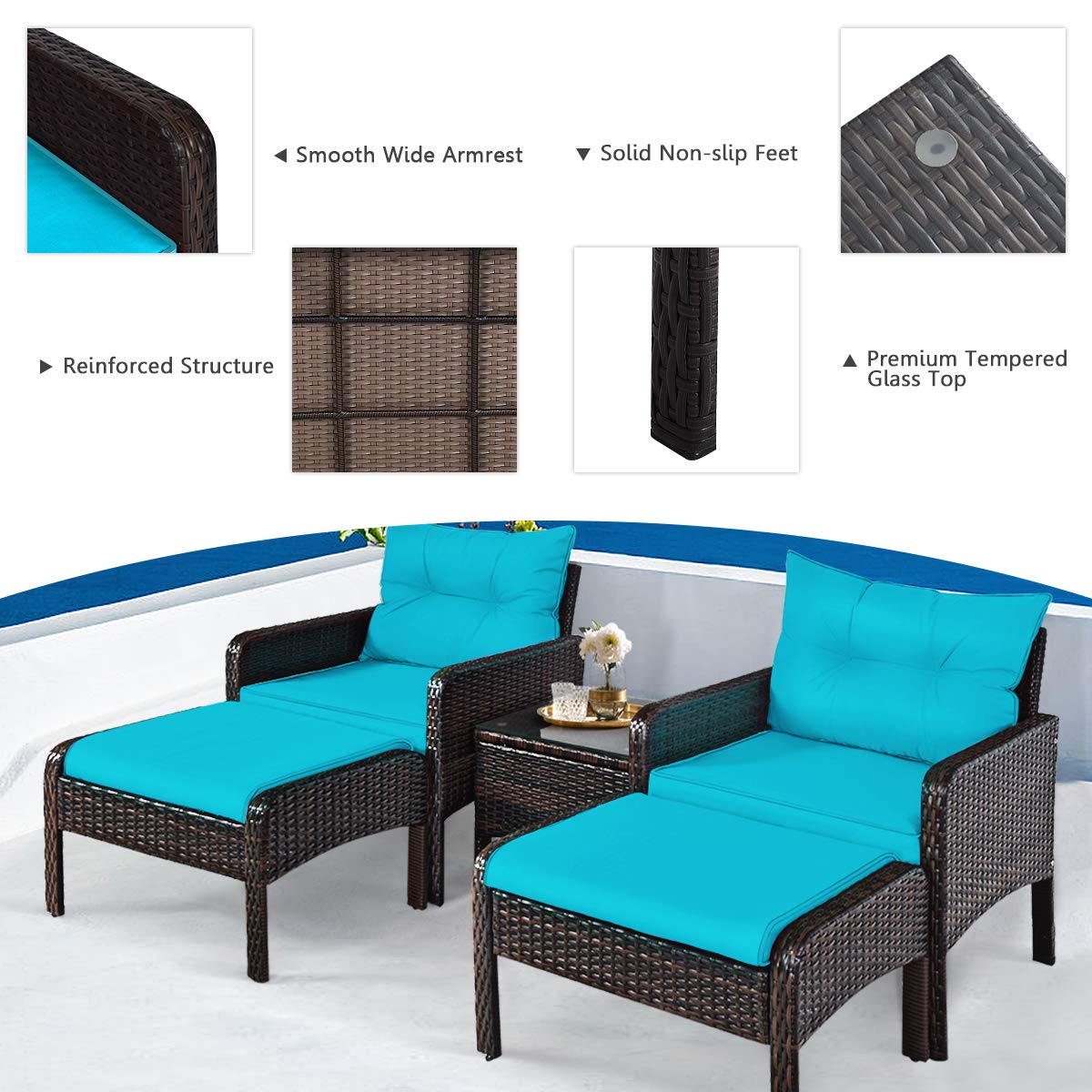 **HAPPYGRILL 5-Piece Outdoor Patio Furniture Set - Rattan Wicker Conversation Set with Coffee Table, Cushioned Sofas & Ottoman - Perfect for Garden, Backyard & Poolside Relaxation**