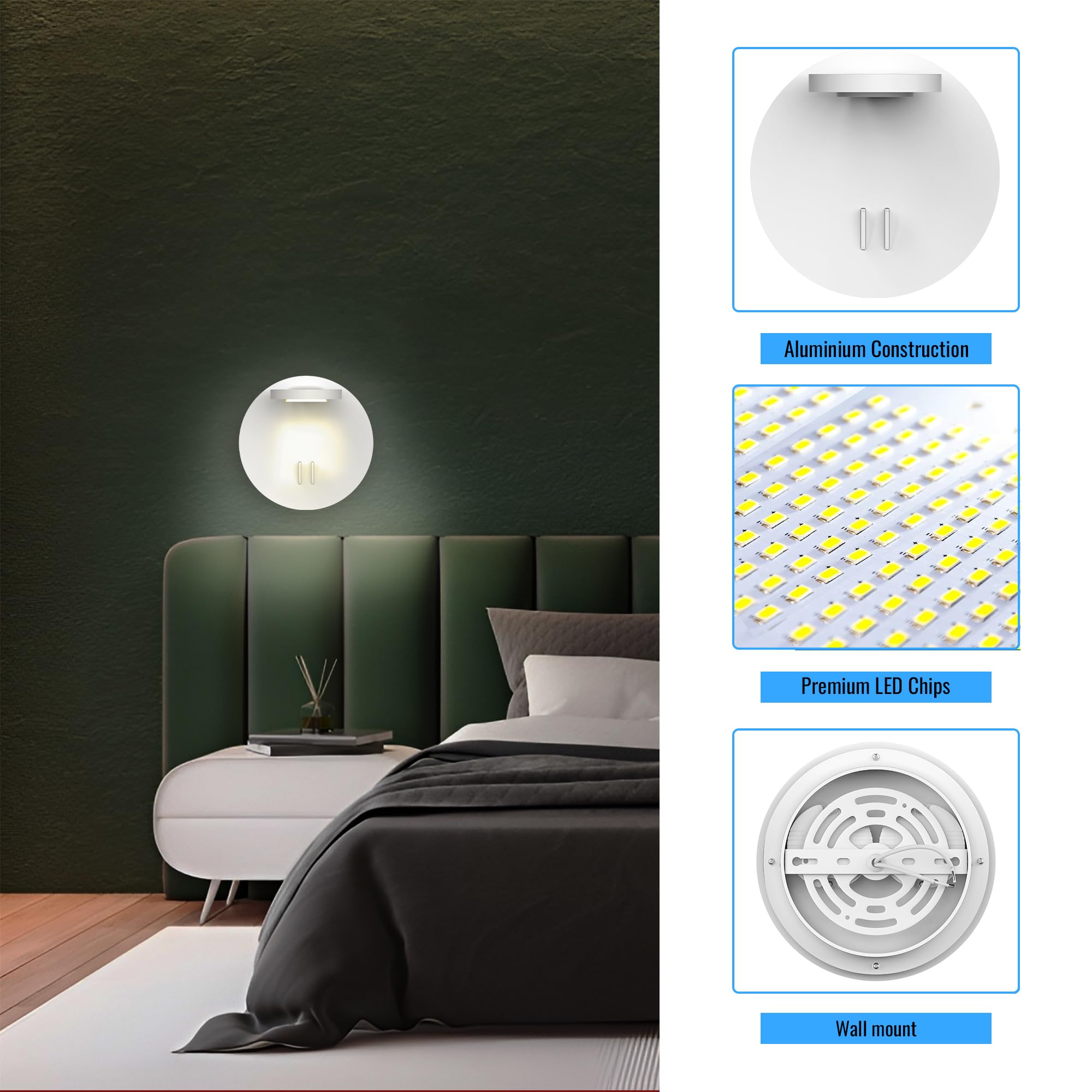 LEDMyplace 14W LED Wall Sconce - 3000K Warm White Indoor Bedroom Light, 558 Lumens, 120V, High CRI, White Acrylic Shade, Sand White Finish - Perfect for Hallway, Living Room & Bedroom Lighting