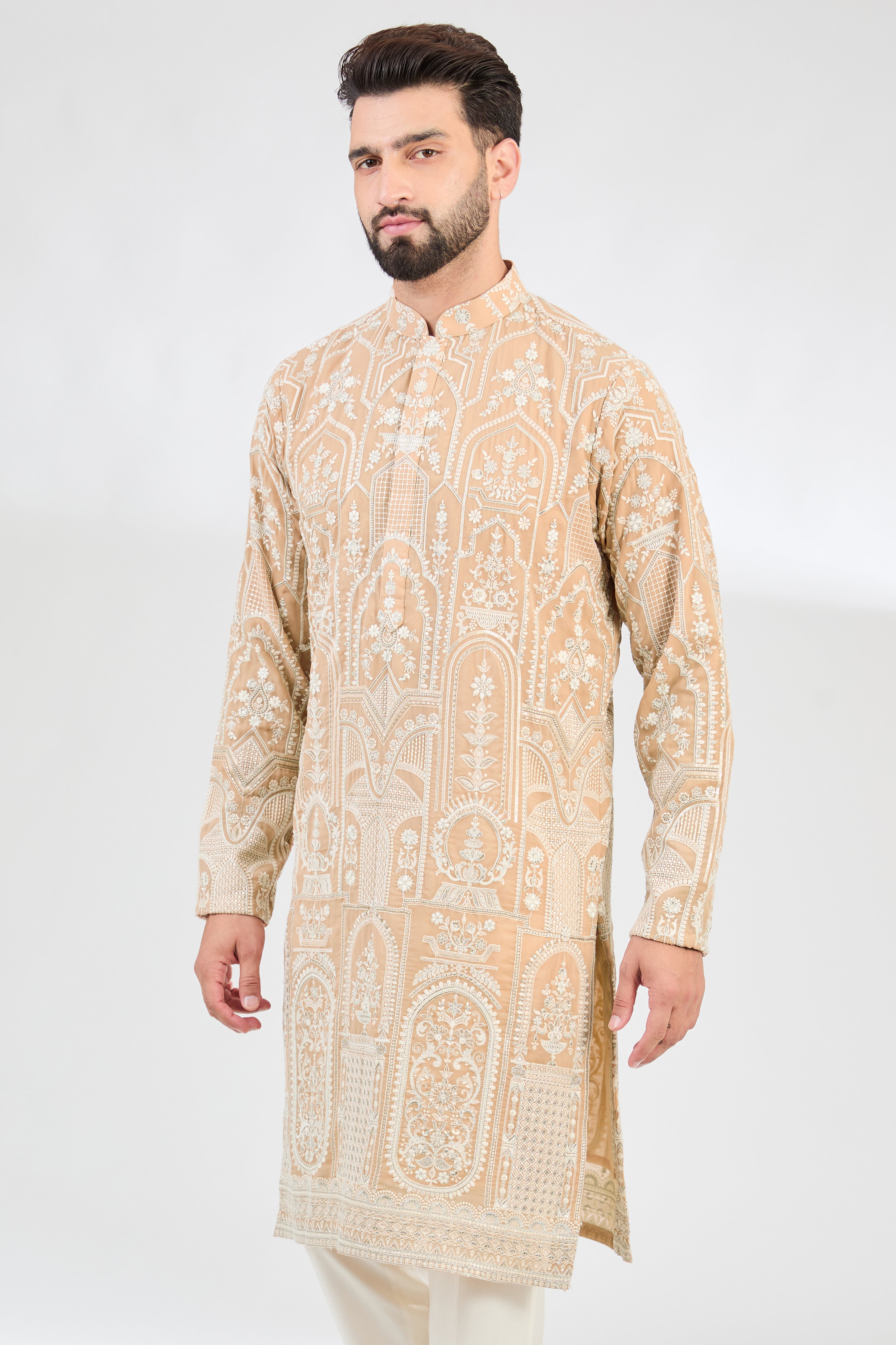 Elegant Chikankari Kurta with Ivory Cream Thread Work & Silver Highlights - Perfect for Festivals, Weddings & Ethnic Occasions
