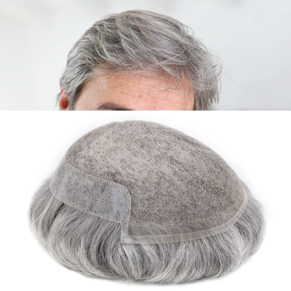 Men's Swiss Lace Toupee - 100% Human Hair Replacement System with PU Bleached Knots & Natural Hairline | 8''x10'' Light Medium Density Wig in 1B80# Natural Black with 80% Gray | Perfect for Hair Loss Solutions, Daily Wear & Special Occasions - SINGA HAIR
