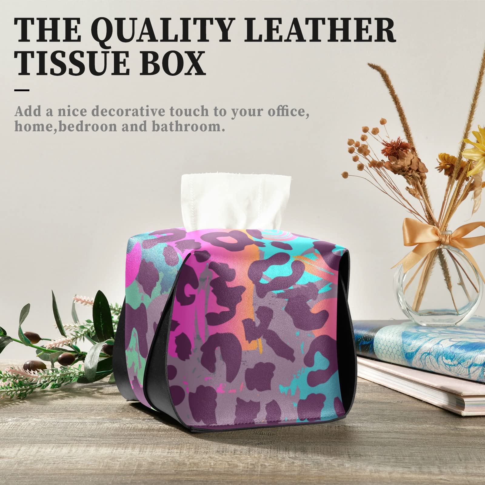 Rainbow Leopard Print PU Leather Tissue Box Cover - Rectangular Bathroom & Countertop Organizer with Handle for Home, Office, Living Room Decor