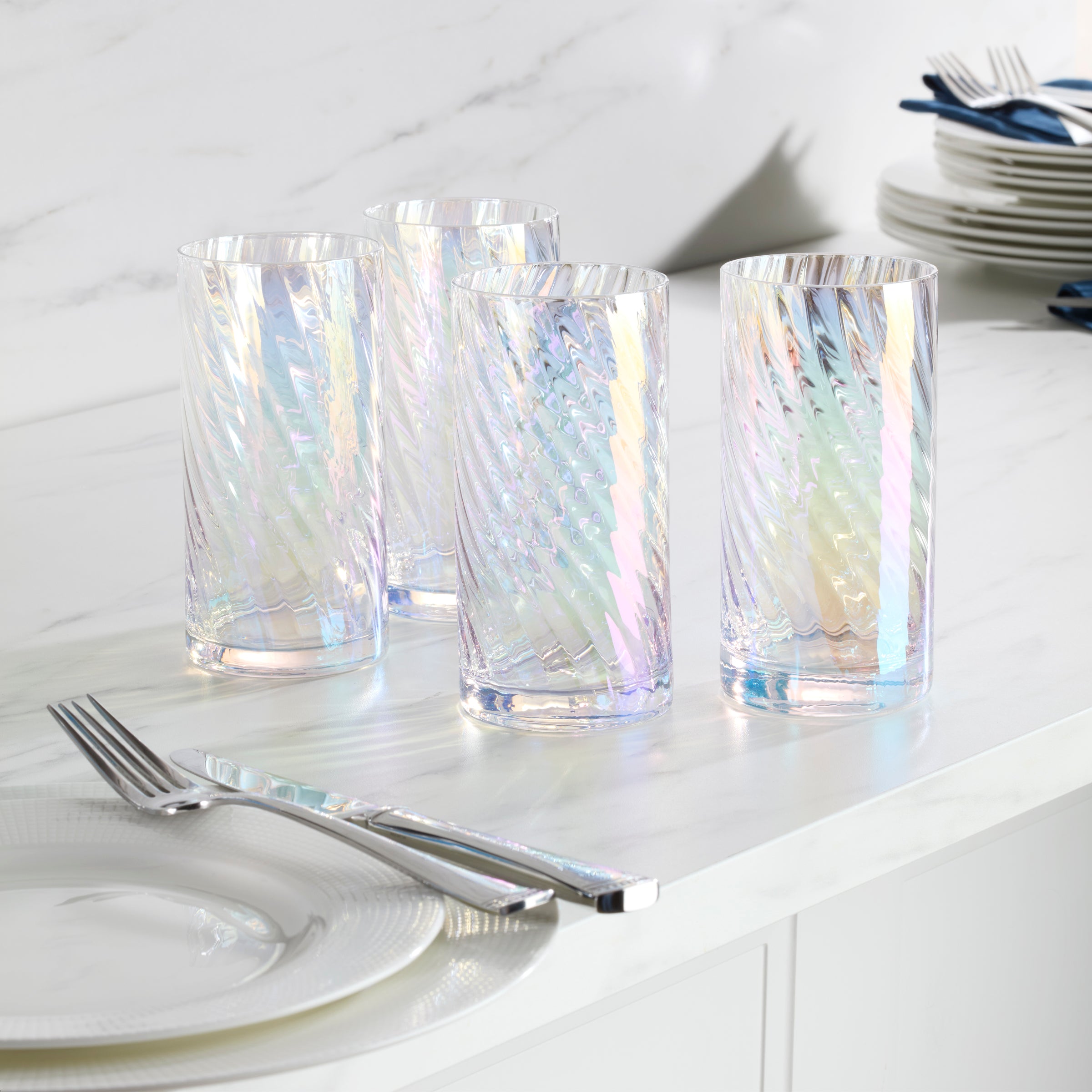 Tuscany Classics Iridescent Highball Glasses Set of 4 - Elegant Drinking Glasses for Cocktails, Juice & Iced Tea - Perfect for Home Bar, Parties & Gifts