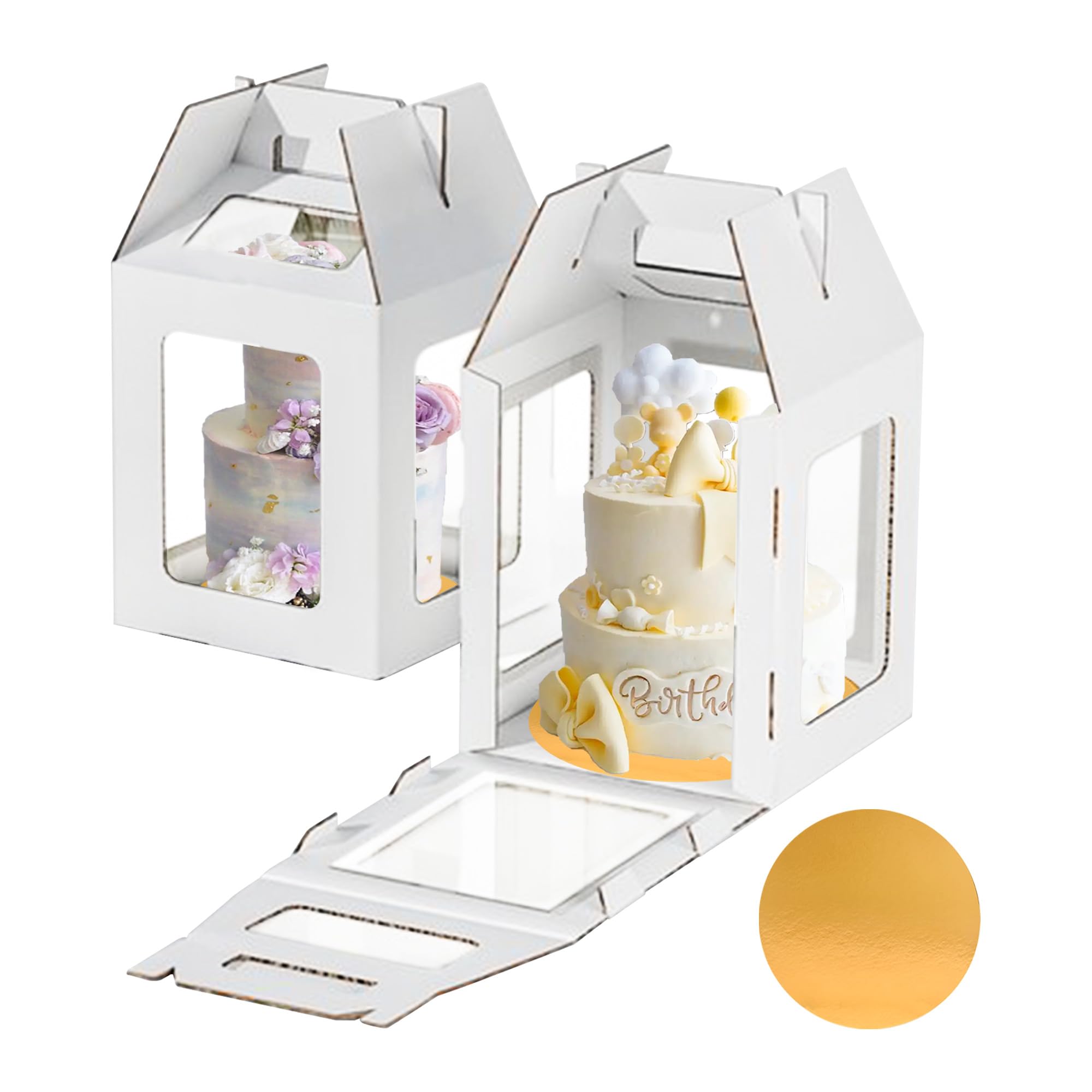 Yeplan 2-Pack 10x10x12 Inch Tall Cake Boxes with Cake Board - Clear Window Tiered Cake Carrier with Handle for Birthday, Wedding & Party - Perfect for Professional Baking, Dessert Transport & Special Occasions