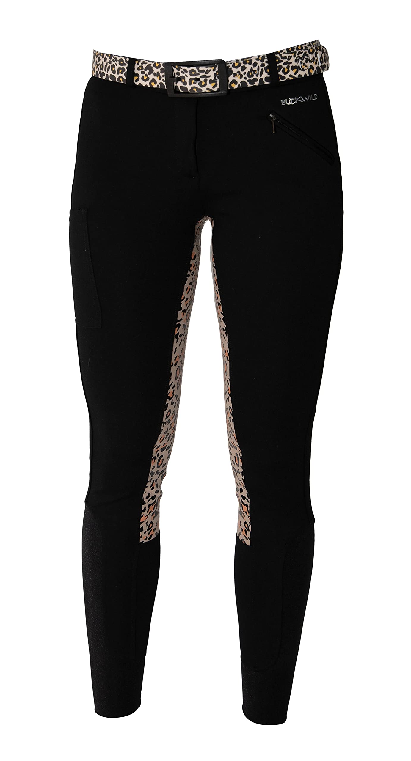 Women's Equestrian Riding Breeches - Signature Mid-Waist Horse Riding Pants with Side Phone Pocket - Breathable Black & Leopard Print Tights for Equestrian Sports, Training & Outdoor Activities (Size S, Regular)