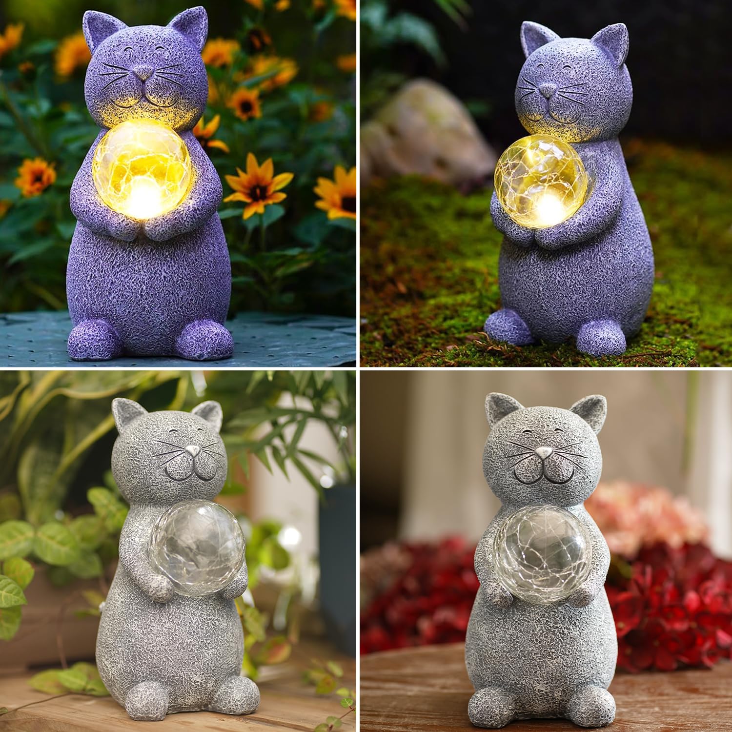 Solar Cat Statue with LED Lights - Outdoor Garden Decor, Gray Cat Figurine for Patio, Yard & Home - Perfect Gift for Mom, Grandma & Cat Lovers (Night Light & Landscape Decoration)