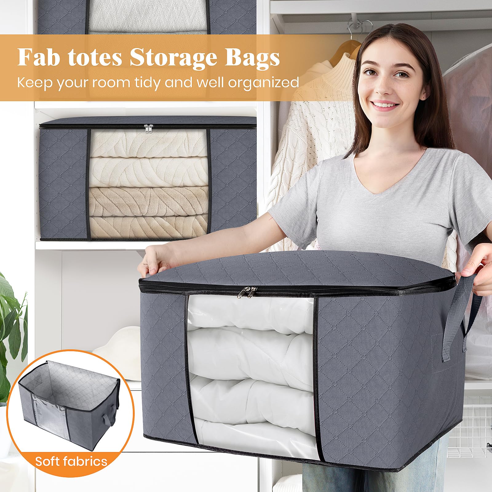 2-Pack Stackable Storage Bins with Lids - Grey Totes for Closet & Bedroom Organization