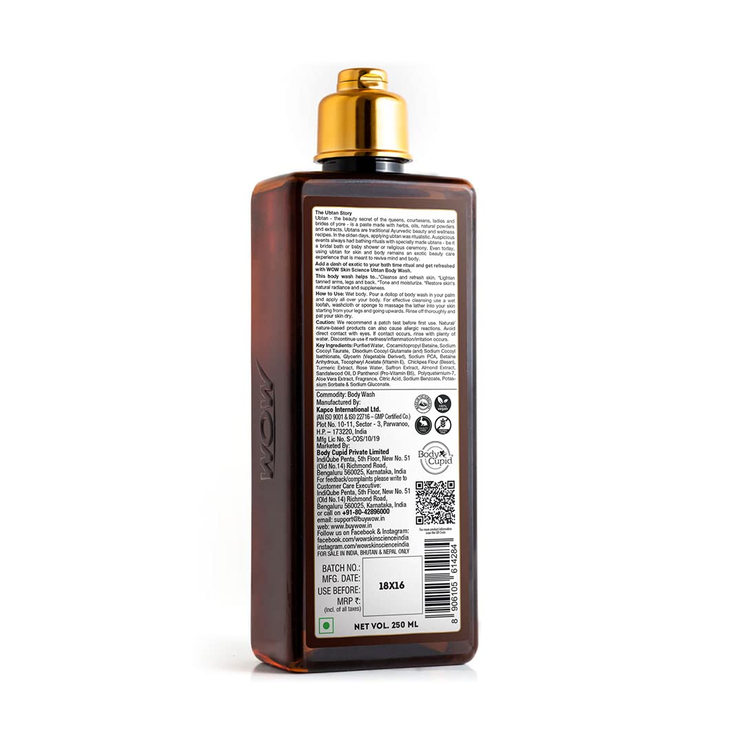 WOW Skin Science Ubtan Body Wash with Chickpea Flour, Almond Extract, Saffron & Turmeric - Natural De-Tan & Brightening Body Cleanser - Sulfate-Free, Paraben-Free, Silicone-Free - 250ml for Glowing Skin - Perfect for Daily Use & Post-Sun Care