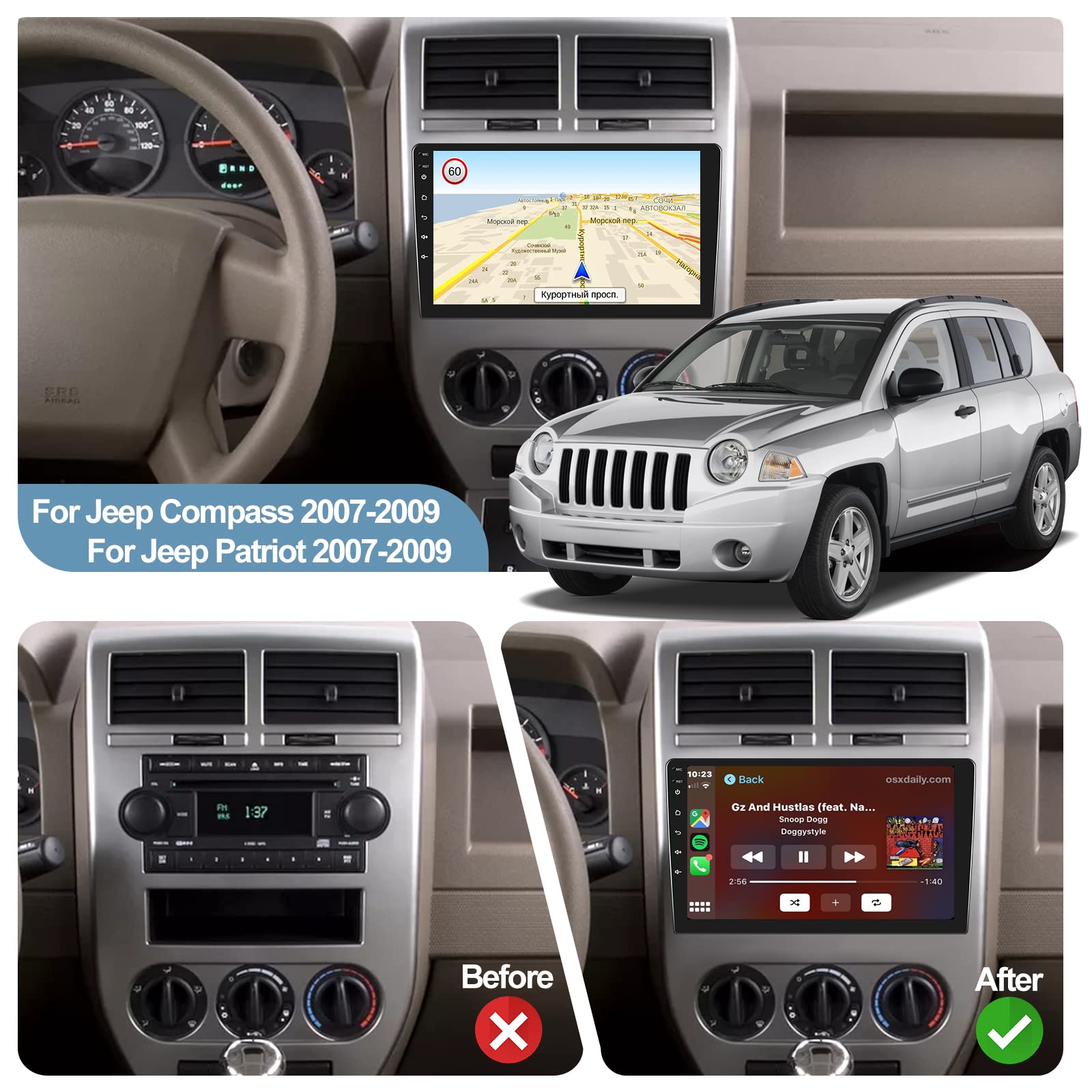 2+64GB Android 13 Car Stereo for Jeep Compass Patriot 2007-2009 | 10.1