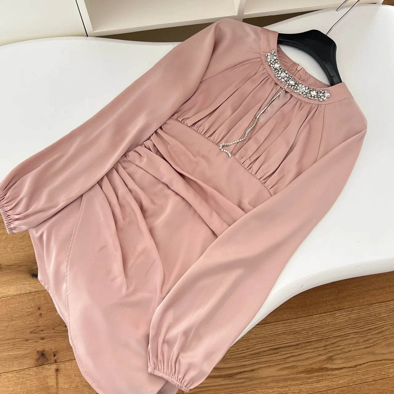 Pink Diamond Round Neck Hollow Out Mini Dress for Women - Elegant French High Waist Wrap Party Dress with Pleated Skirt | Perfect for Cocktail Parties, Date Nights & Special Occasions