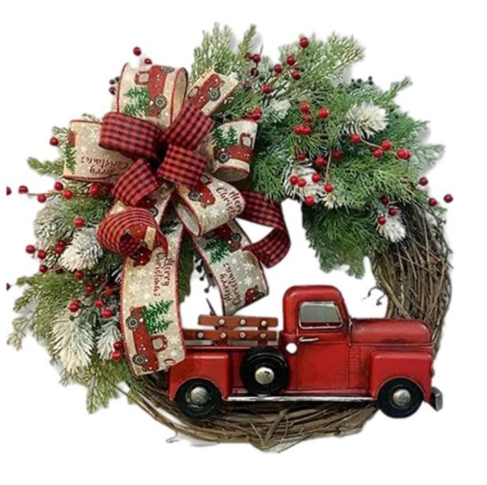 Vintage Farmhouse Red Truck Christmas Wreath with Pine Cones & Winter Berries - Rustic Holiday Garland for Xmas, Thanksgiving & Winter Decor - Perfect for Fireplace, Front Door & Wall Decorations (35