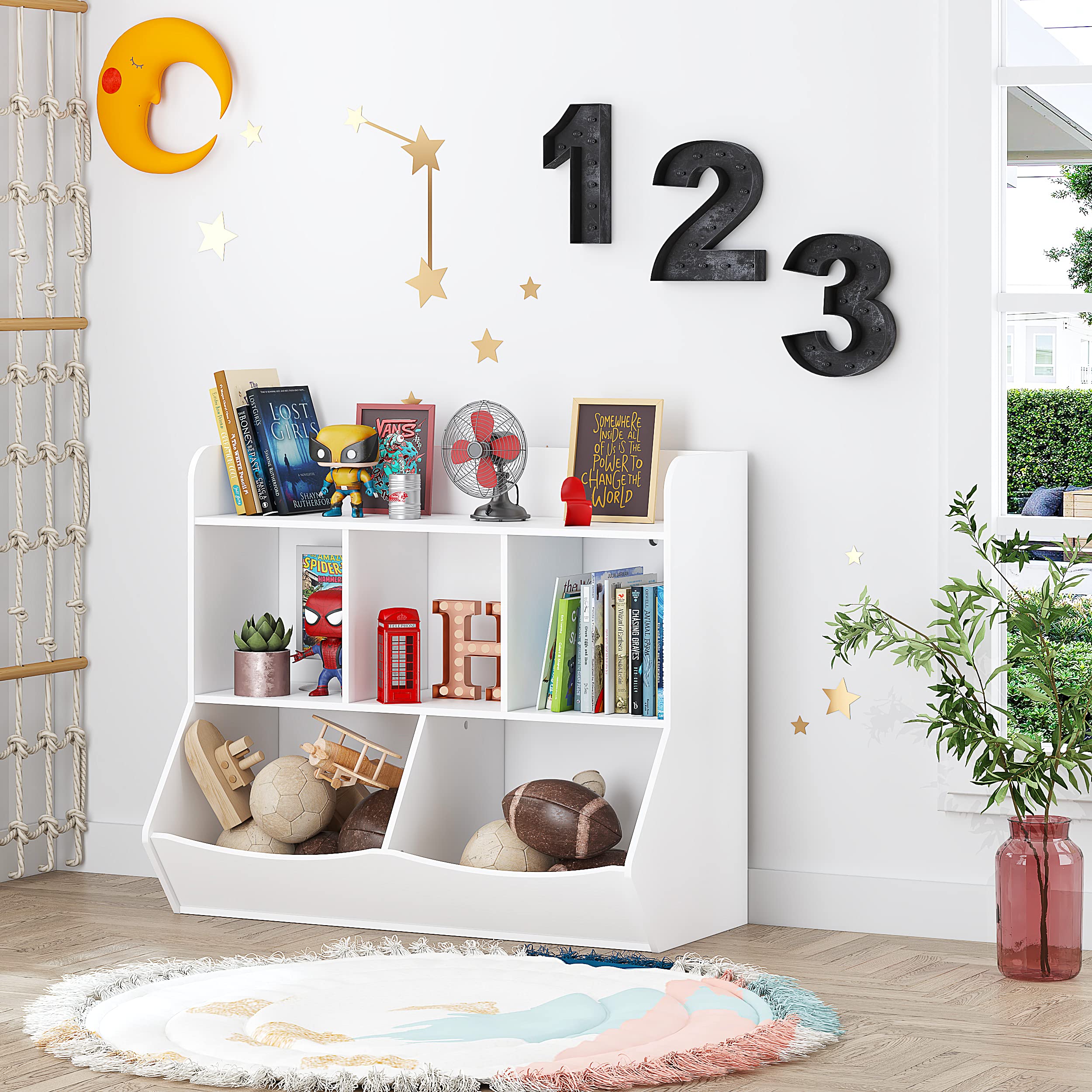 UTEX Kids Toy Storage Organizer with Bookcase - 6-Shelf Cubby Organizer for Books, Toys & Games - Perfect for Playroom, Bedroom & Nursery - White (Space-Saving Kids Furniture)