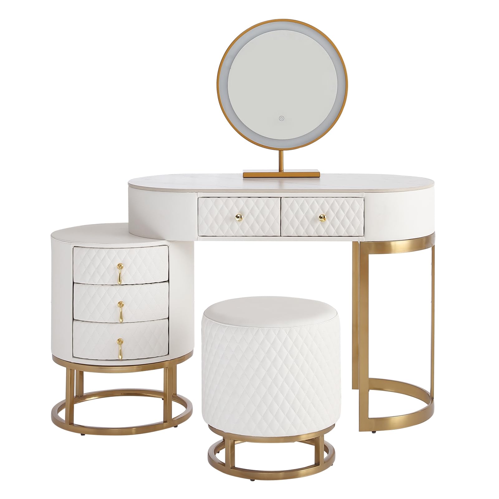 Luxury White Faux Leather Vanity Desk Set with LED Mirror & Stool - Perfect for Dressing & Makeup