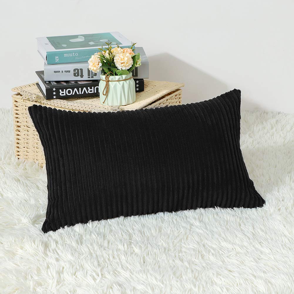 Artscope Cozy Striped Corduroy Pillow Covers - Super Soft Decorative Oblong Throw Pillow Cases 12x20 Inches for Sofa, Couch, Bed & Car - Perfect for Home Decor, Living Room Accents & Seasonal Styling (Black)