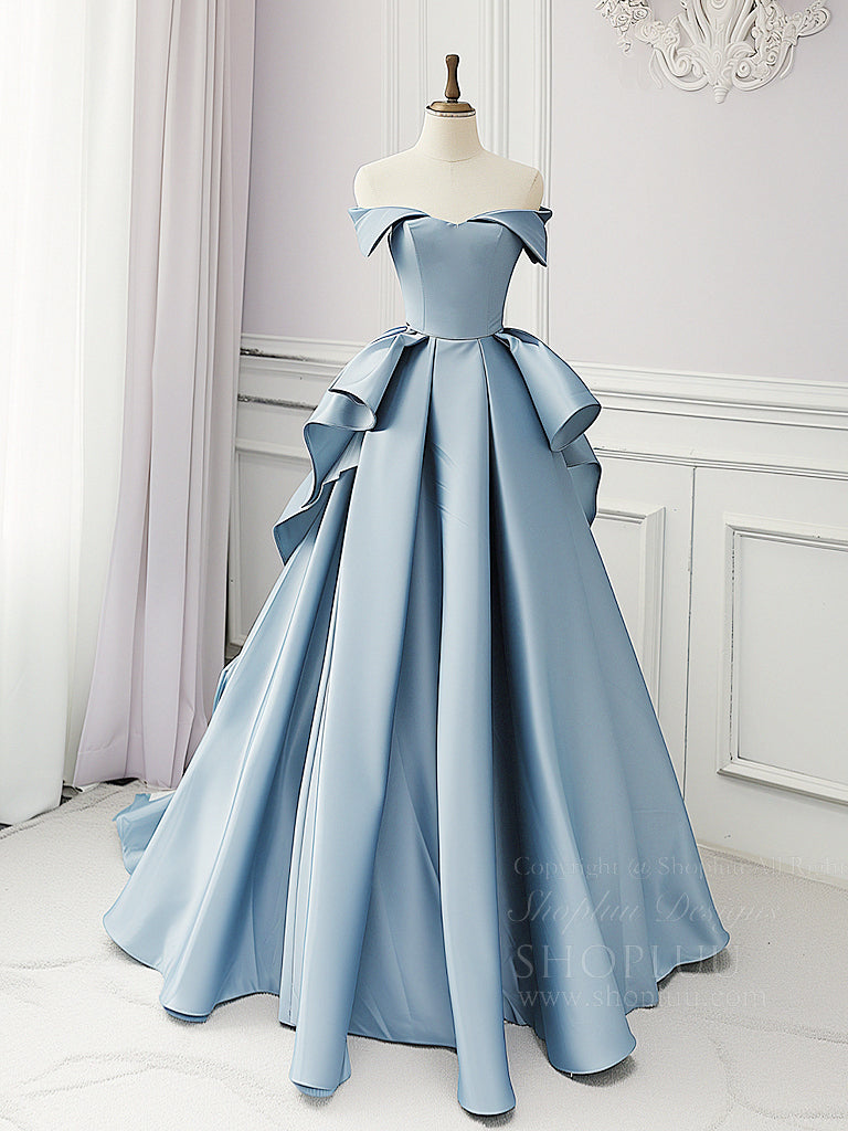Elegant A-Line Blue Satin Long Prom Dress for Women - Formal Evening Gown for Homecoming, Wedding Guest & Special Occasions