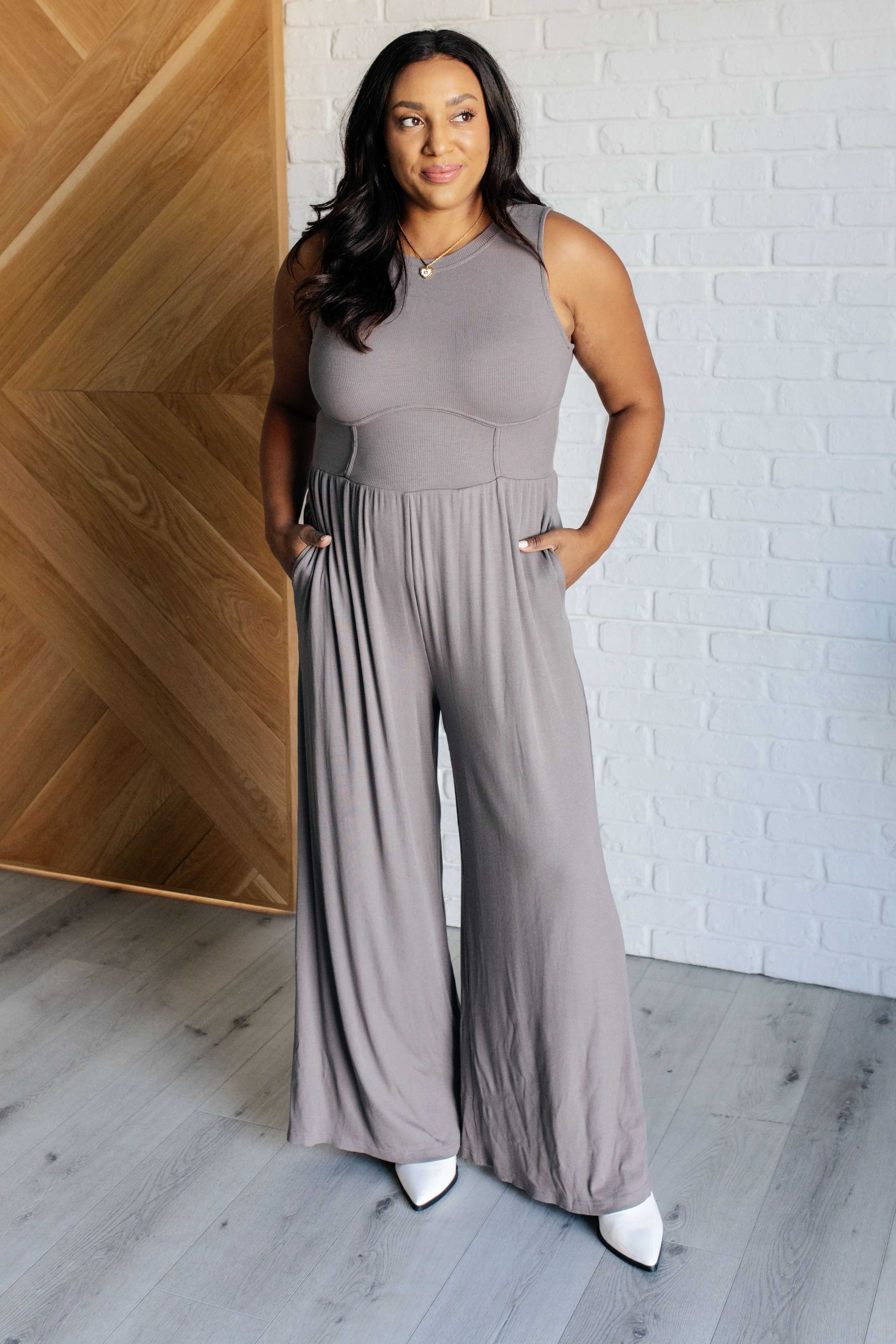 Hilary Wide Leg Jumpsuit for Women - Grey Casual Romper with Pockets | Perfect for Office, Travel & Everyday Wear