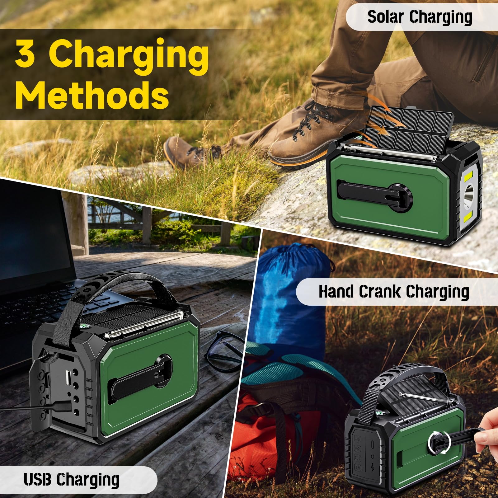59200mWh Solar Emergency Radio - 16000mAh Portable NOAA Weather Radio with Hand Crank, USB Charger, SOS Alarm, Flashlight & Reading Lamp | Power Outage, Camping, Hiking, Hurricane Survival Kit & Outdoor Emergency Preparedness