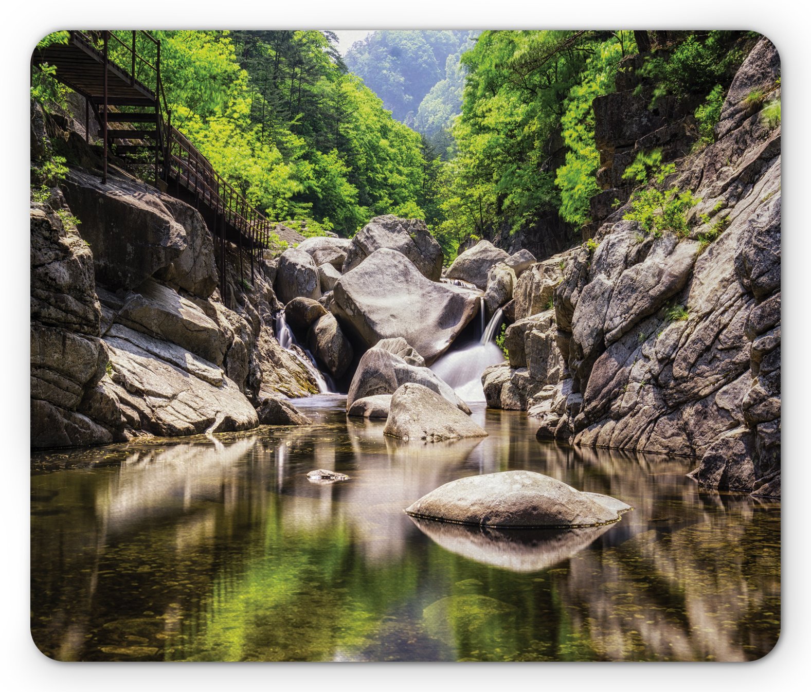 Lunarable National Parks Mouse Pad - Rainforest Waterfall Scenery with River Rocks Nature Print, Non-Slip Rubber Mousepad (Standard Size, Grey Green) for Office, Gaming & Home Computer Use