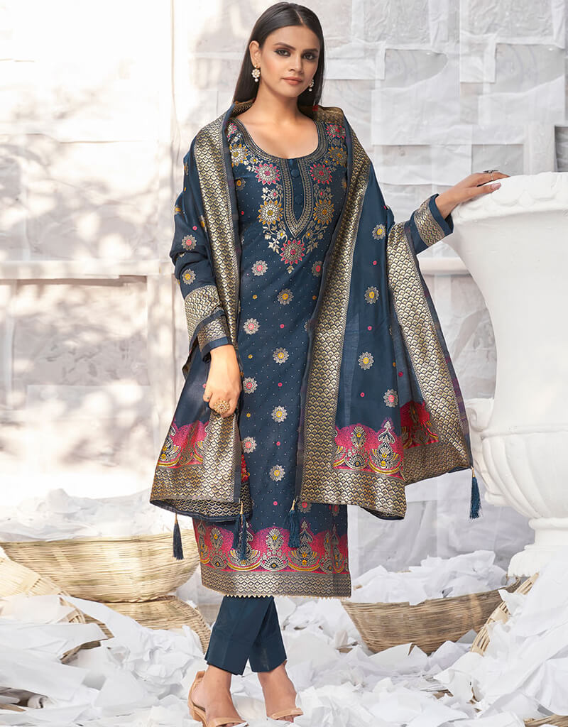 Banarasi Jacquard Blue Salwar Kameez Suit with Churidar Bottom | Traditional Indian Ethnic Wear for Women | Perfect for Weddings, Festivals & Special Occasions