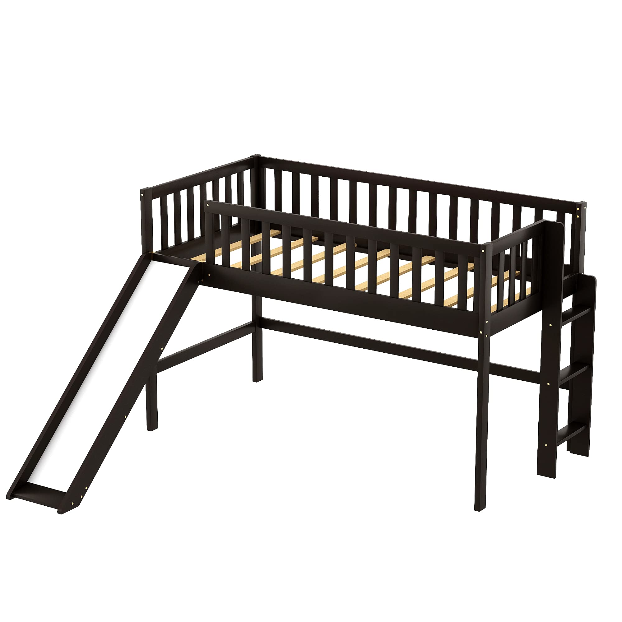 Twin Size Low Loft Bed with Ladder and Slide - Solid Wood Loft Bed Frame for Kids, Teens & Toddlers - Low Profile Mini Loft Bed with Safety Rails (Espresso & Pine Wood) - Perfect for Small Bedrooms, Playrooms & Dorm Rooms