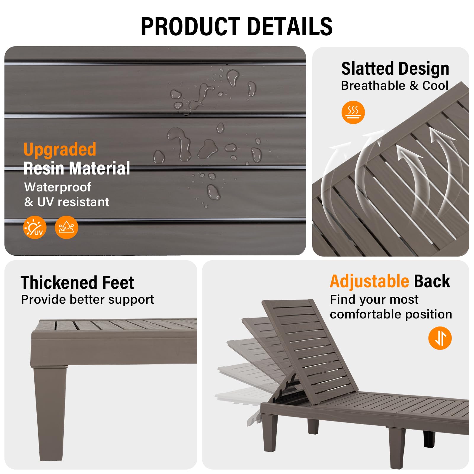 VINGLI Adjustable Waterproof Outdoor Chaise Lounge Chair - Light Taupe Patio Pool Sunbathing Chair with Easy Assembly for Backyard, Beach & Garden Relaxation (1 Pack)