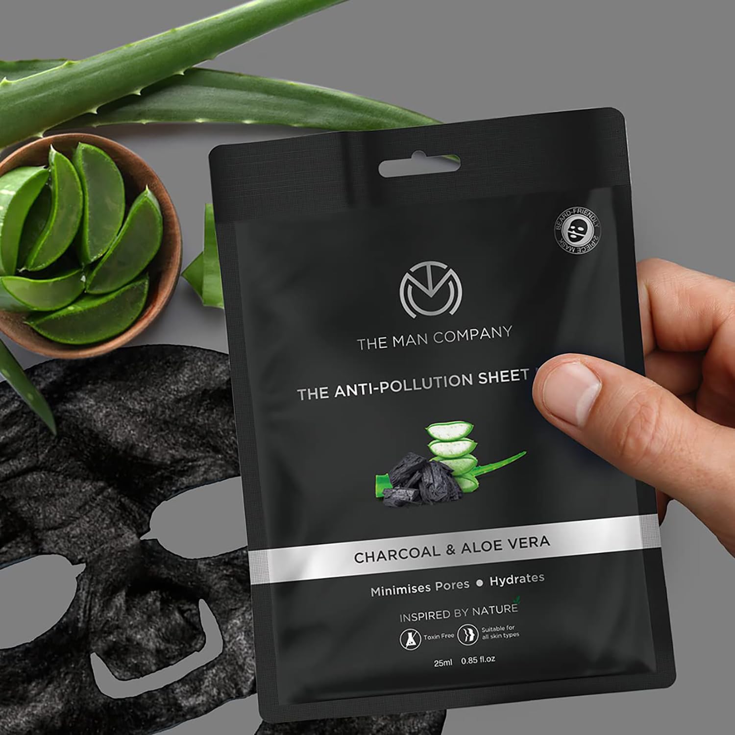 The Man Company Charcoal De-Tan Face Sheet Mask with Aloe Vera & Hyaluronic Acid - 25ml x 2 Pack | Detoxifying & Brightening for Men | Perfect for Post-Sun Care & Skin Rejuvenation