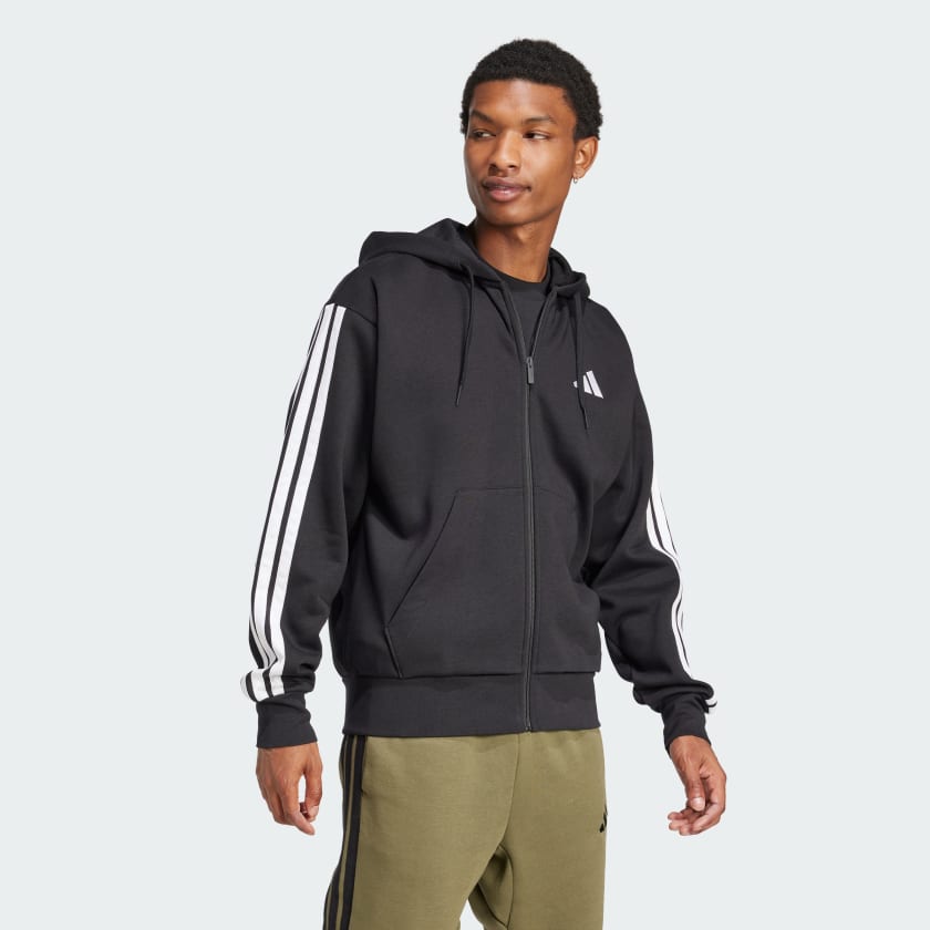 Adidas Men's 3 Stripes Fleece Jacket - Black - Warm Winter Outerwear for Running, Hiking & Casual Wear