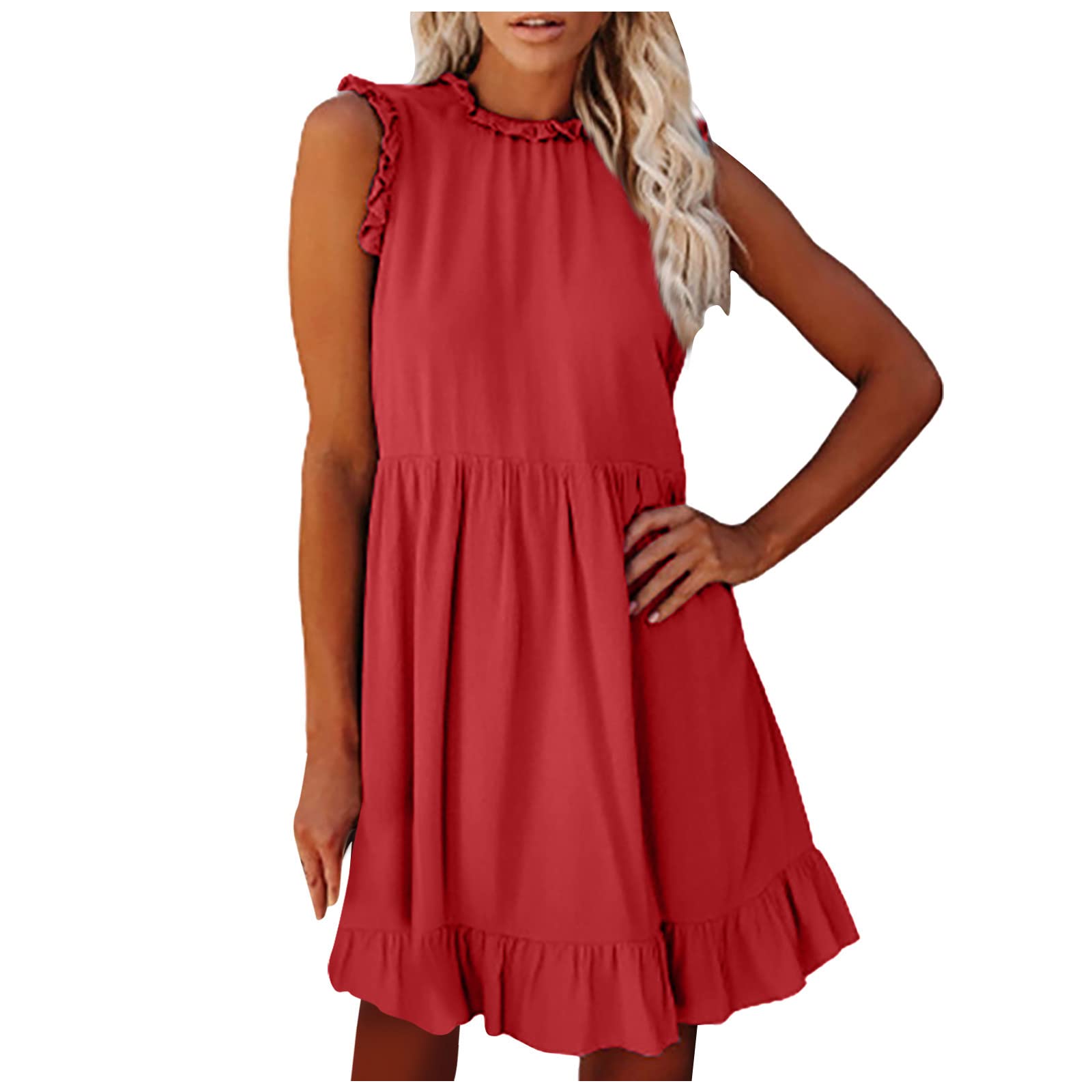 Women's Plus Size Sleeveless Ruffled Casual Dress - Summer Beach Cocktail Party Dress, Solid Color Short Dress with Ruffles, Spring & Summer Fashion 2022 (S, Red) | Perfect for Beach Outings, Cocktail Parties & Casual Wear