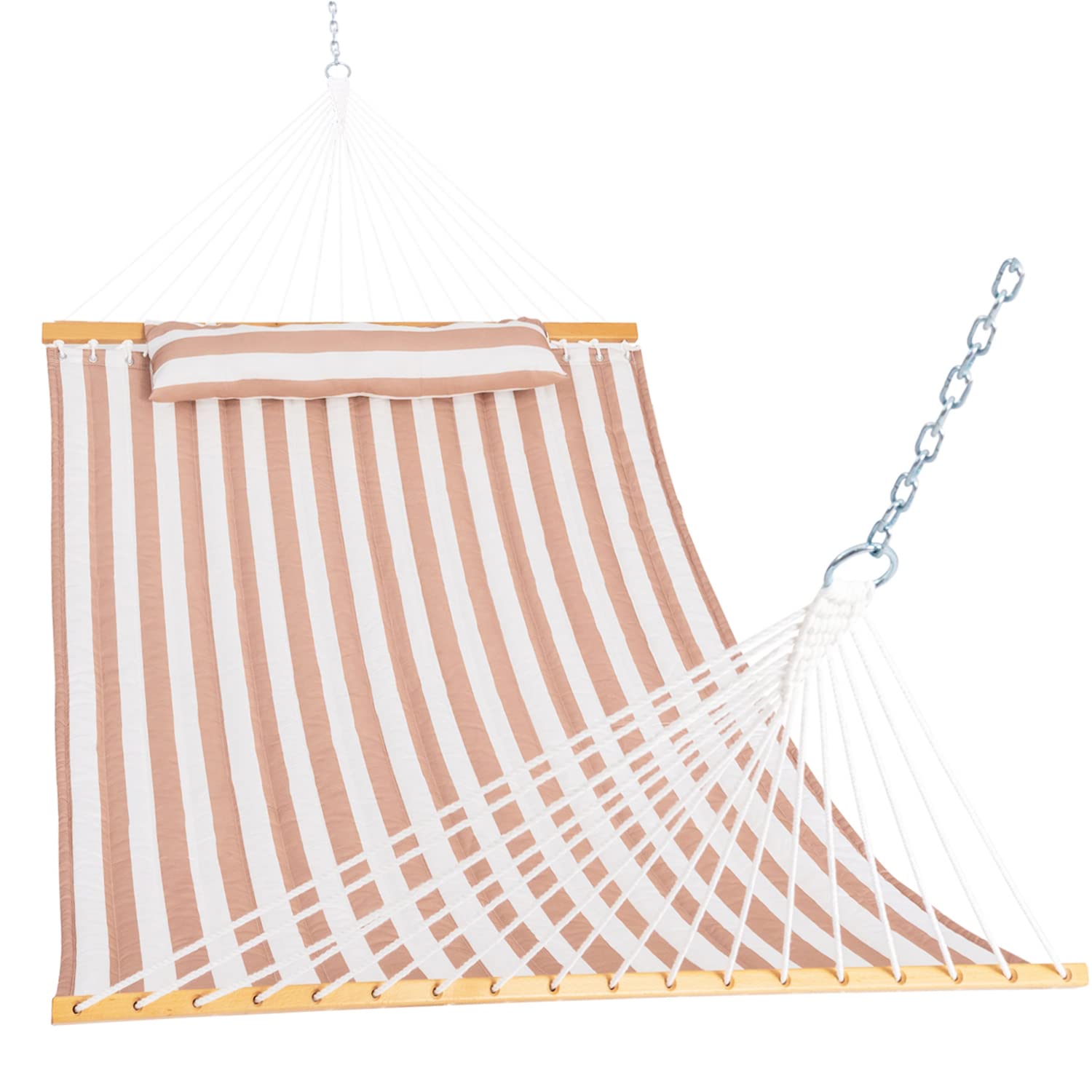 12 FT Quilted Double Hammock with Spreader Bar & Chains - 2-Person Outdoor Hammock for Patio, Poolside, Backyard & Beach - Includes Pillow & 450 lbs Capacity - Beige White - Perfect for Relaxing, Lounging & Summer Vacations