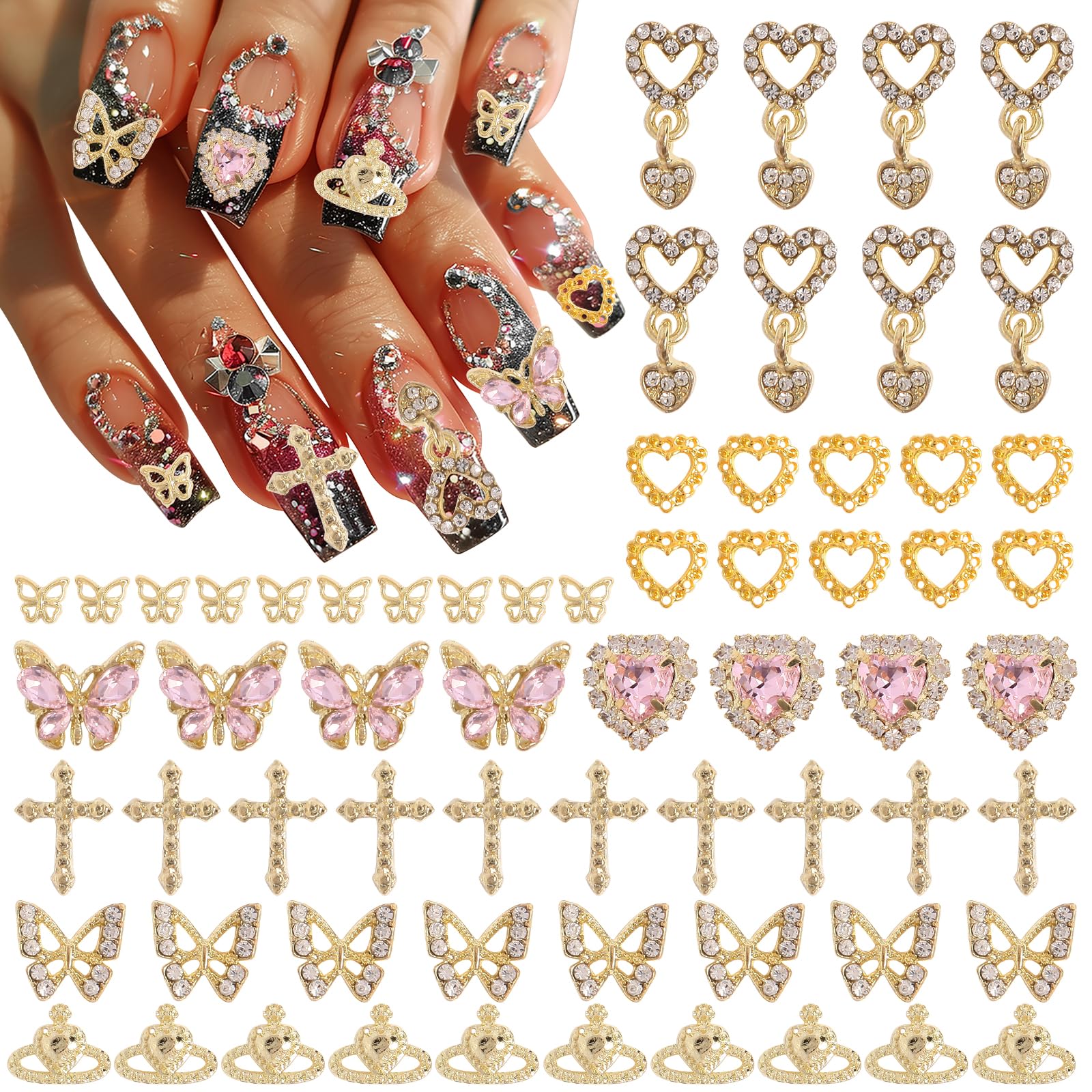 64Pcs 3D Gold Butterfly & Heart Nail Charms - Luxury Nail Art Decorations for Acrylic Nails, Manicure Designs - Perfect for Bridal, Party & Salon Nail Art Accessories